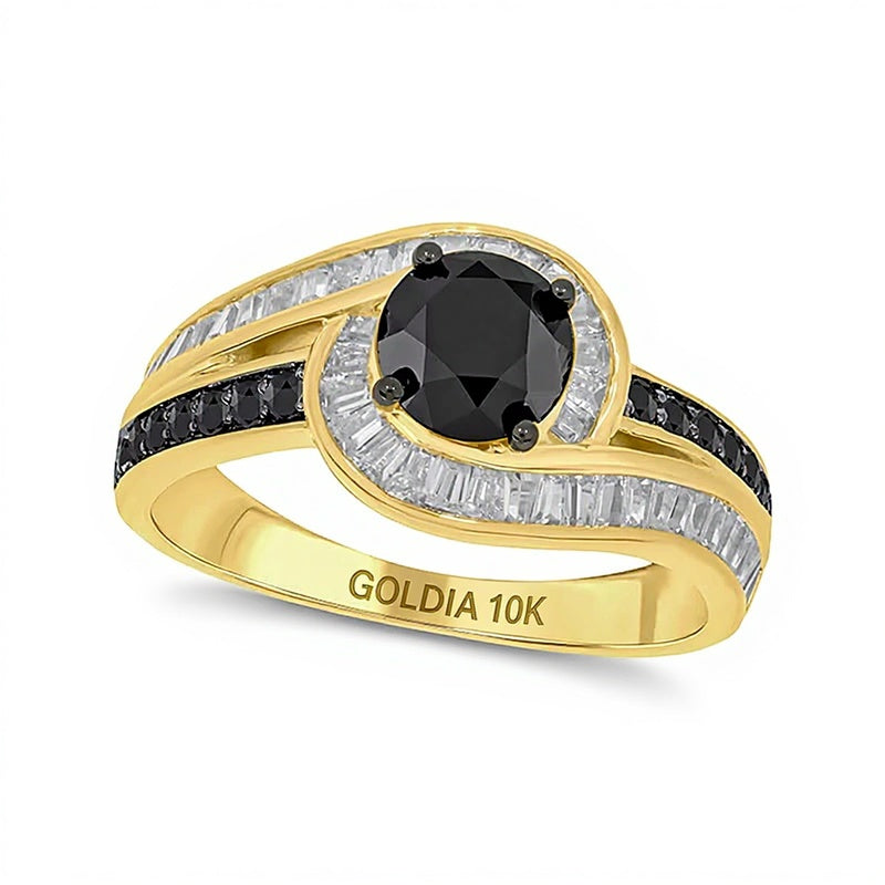 6.0mm schwarzer Saphir und 0,5 ct. Gesamtgewicht schwarzer und weißer Diamant Halo Bypass Verlobungsring in 10K Gelbgold