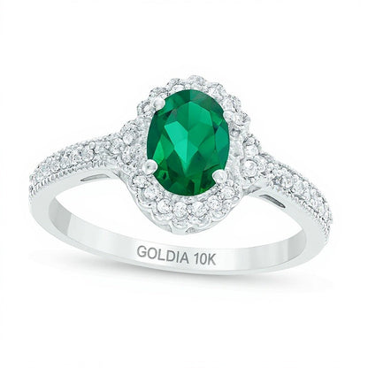 Ring mit ovalem Labor-Smaragd und 0,13 ct. Gesamtgewicht Diamanten im Halo-Vintage-Stil in 10K Weißgold