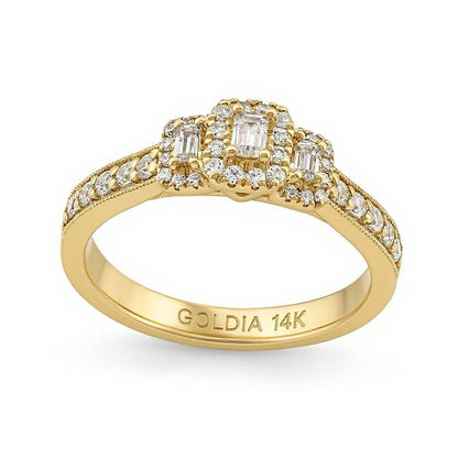 Dreistein-Verlobungsring mit Diamant im Smaragdschliff und Baguette-Diamanten 0.5 CT. Gesamtgewicht in 14K Gelbgold