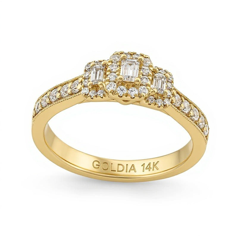 Dreistein-Verlobungsring mit Diamant im Smaragdschliff und Baguette-Diamanten 0.5 CT. Gesamtgewicht in 14K Gelbgold