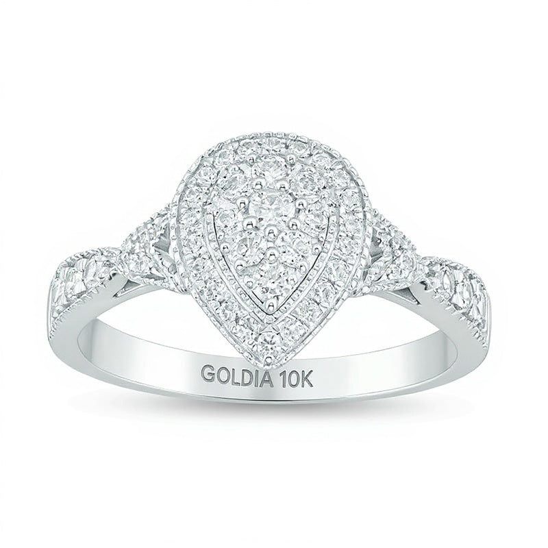 0.5 ct. Gesamtgewicht Multi-Diamant Verlobungsring im Vintage-Stil mit doppeltem tropfenförmigem Rahmen in 10K Weißgold