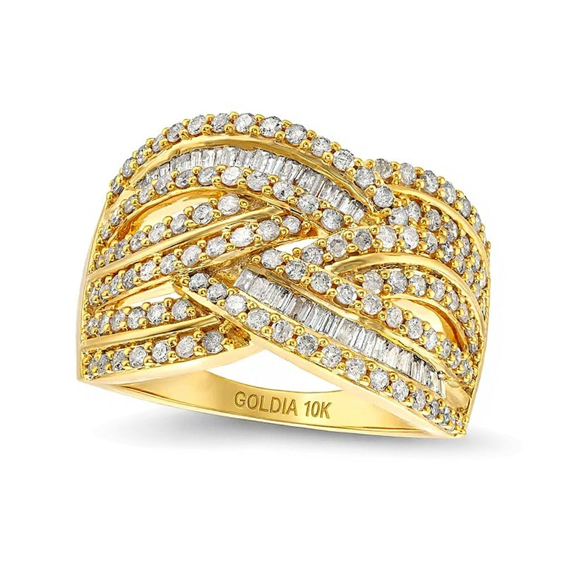 Ring mit Baguette- und runden Diamanten im Overlay-Design 1.0 ct. Gesamtgewicht in 10K Gelbgold
