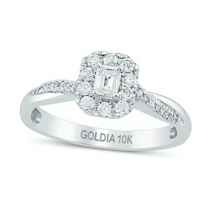 0,38 ct. Gesamtgewicht Verlobungsring mit Diamanten im Smaragdschliff und Halo-Twist-Design in 10K Weißgold