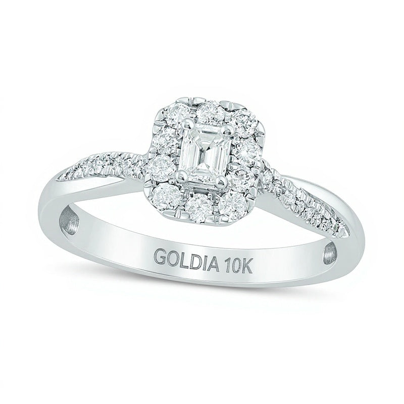0,38 ct. Gesamtgewicht Verlobungsring mit Diamanten im Smaragdschliff und Halo-Twist-Design in 10K Weißgold