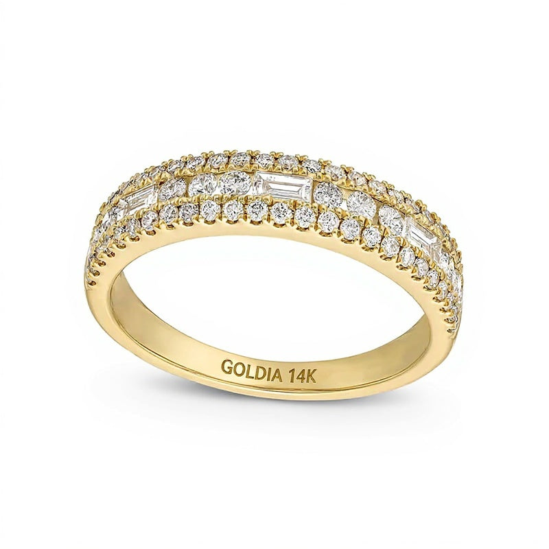 0.63 ct. Gesamtgewicht Memoire-Ring mit Baguette- und runden Diamanten, dreireihig, in 14K Gelbgold