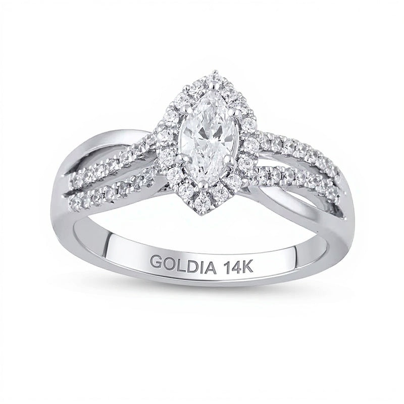 0,75 ct. Gesamtgewicht Halo-Verlobungsring mit Diamanten im Marquise- und Rundschliff in 14K Weißgold