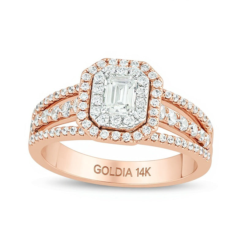 1.0 CT. Gesamtgewicht Verlobungsring mit Diamant im Smaragdschliff, Halo, mehrreihig, in 14K Gold zweifarbig (I/SI2)