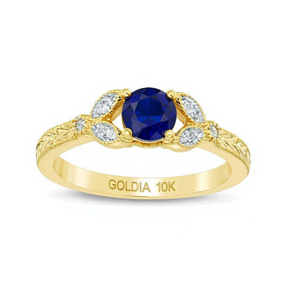 5,0mm Ring im Vintage-Stil mit Blatt-Design, blauer Saphir (Labor) und Diamant-Besatz in 10K Gelbgold