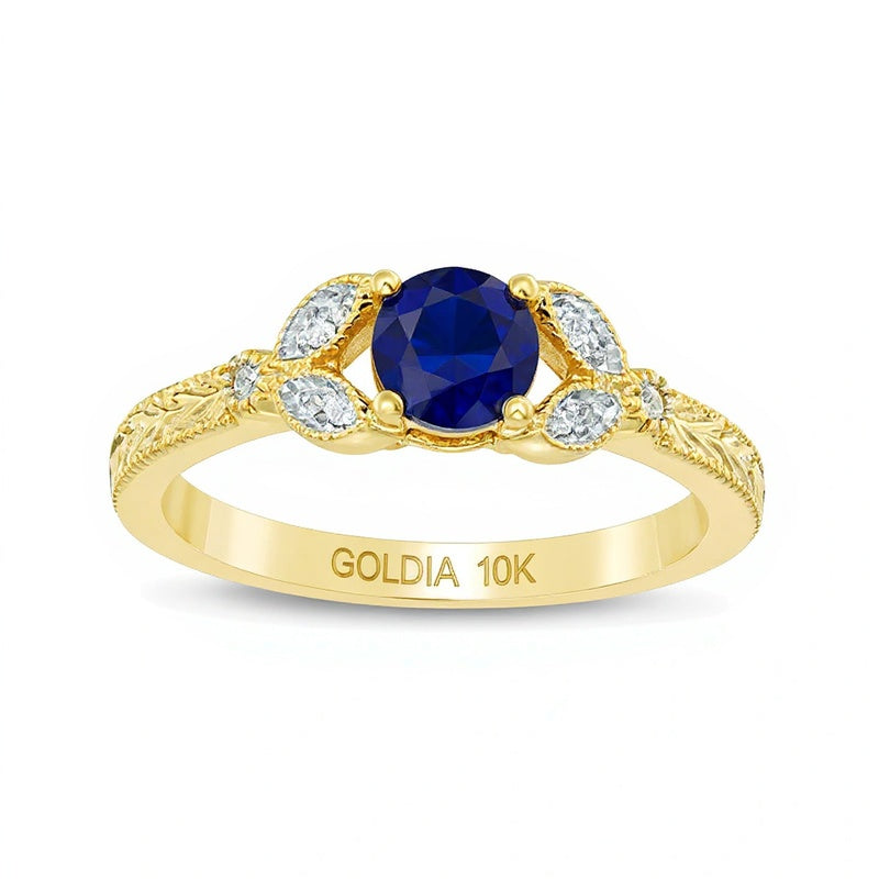 5,0mm Ring im Vintage-Stil mit Blatt-Design, blauer Saphir (Labor) und Diamant-Besatz in 10K Gelbgold