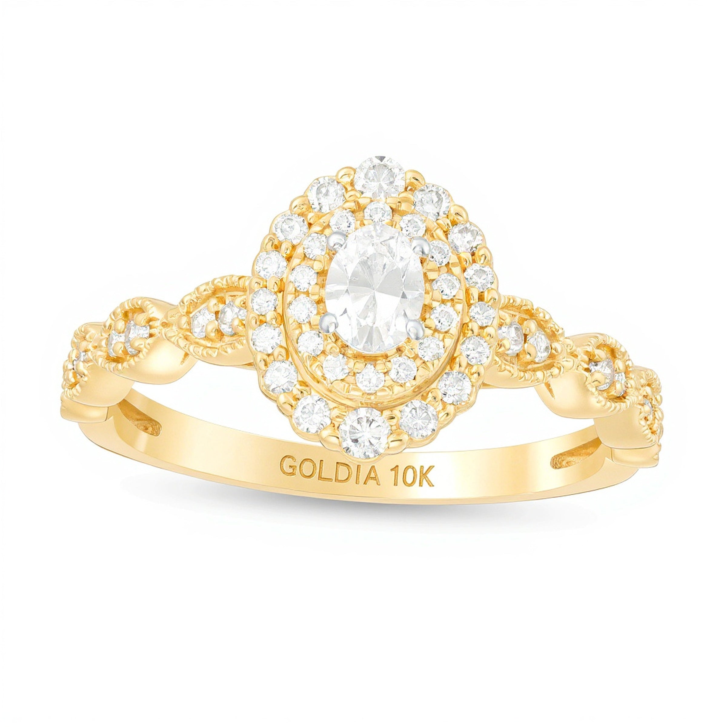 0.38 ct. Gesamtgewicht Verlobungsring mit ovalem Diamant im Art-Déco-Vintage-Stil mit doppeltem Halo in 10K Gelbgold