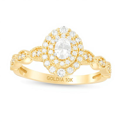 0.38 ct. Gesamtgewicht Verlobungsring mit ovalem Diamant im Art-Déco-Vintage-Stil mit doppeltem Halo in 10K Gelbgold