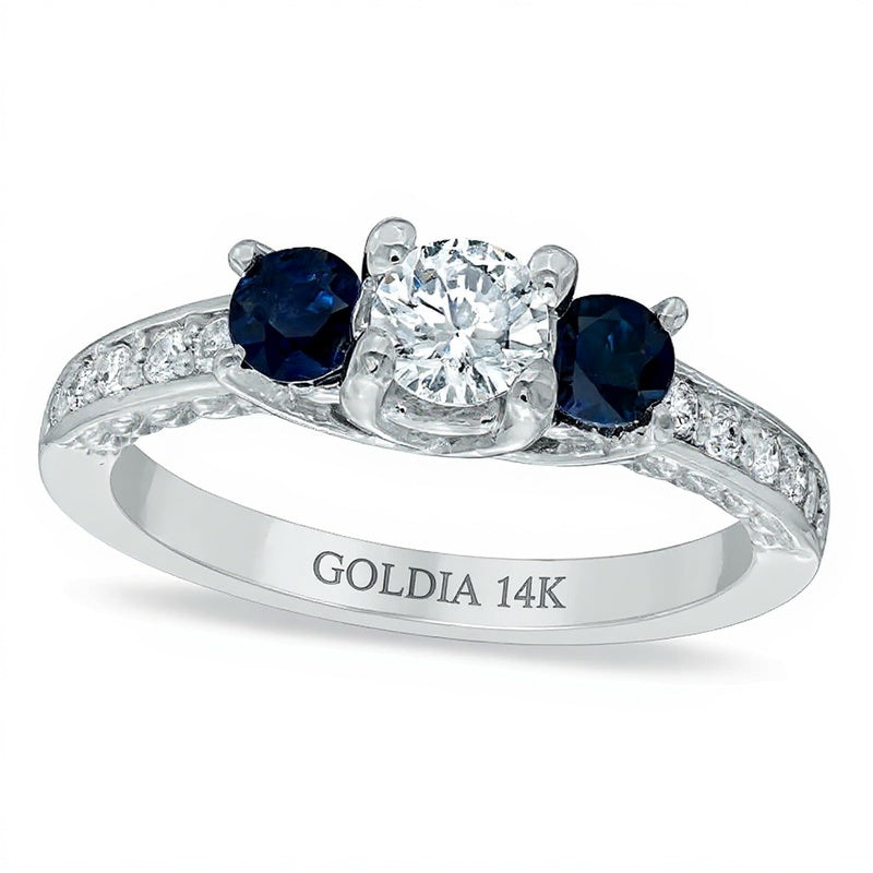 0,5 ct. Gesamtgewicht Diamant und blauer Saphir Dreistein-Verlobungsring in 14K Weißgold