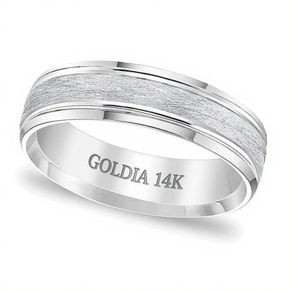 6,0 mm Ehering mit Komfortschliff, gebürstet mit gerillten Kanten in 14K Weißgold