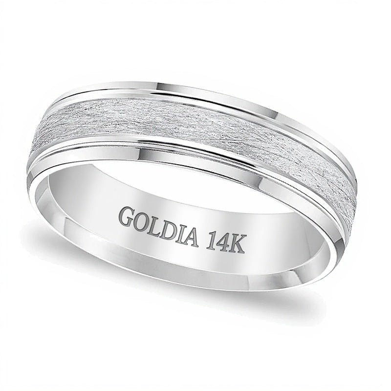 6,0 mm Ehering mit Komfortschliff, gebürstet mit gerillten Kanten in 14K Weißgold