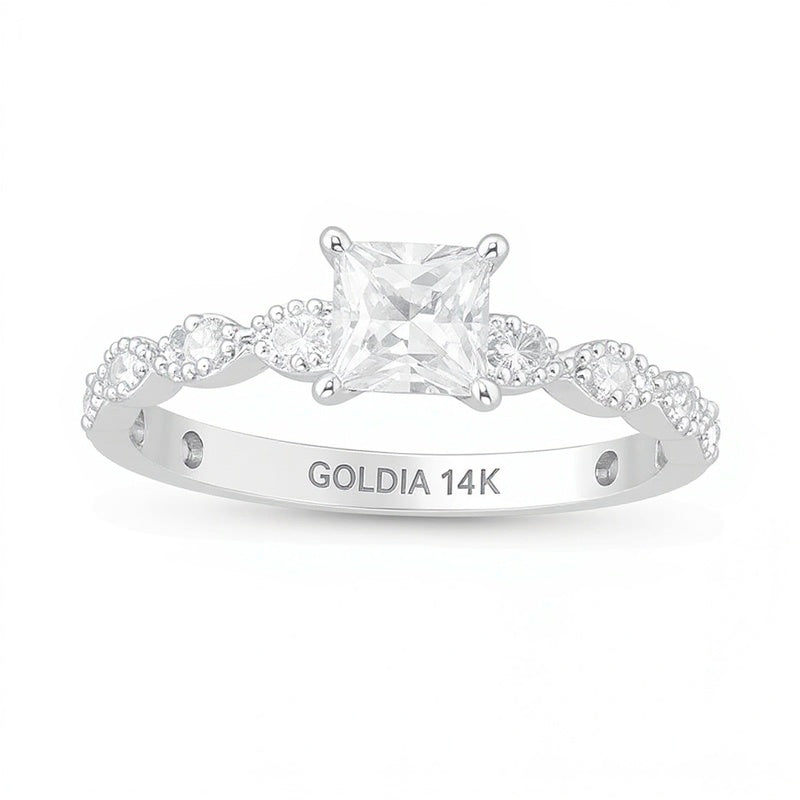 0,63 ct. Gesamtgewicht Solitär mit seitlichem Besatz Verlobungsring mit Diamanten im Princess- und Rundschliff in 14K Weißgold (I/SI2)