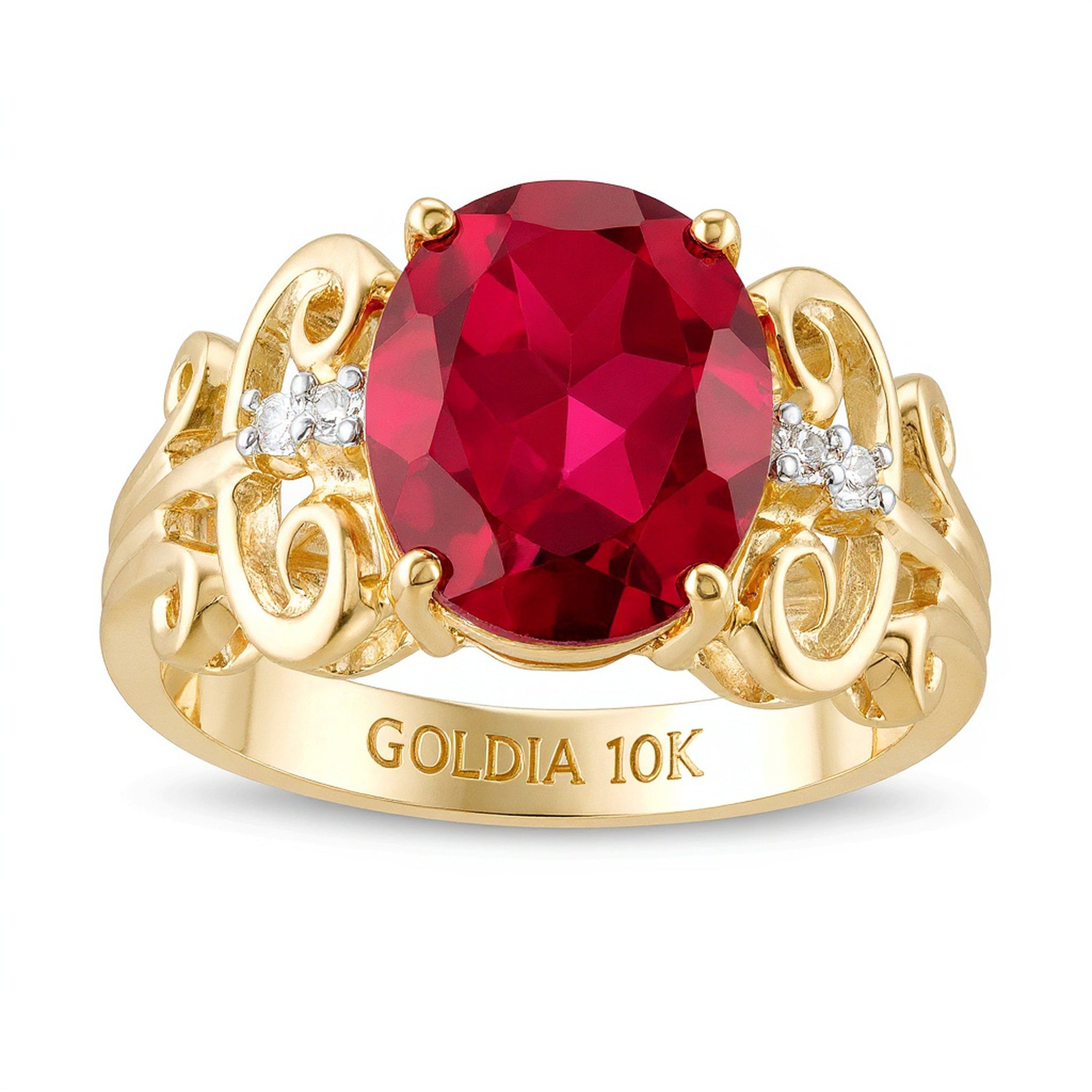 Ovaler im Labor gezüchteter Rubin und 0,05 ct. Gesamtgewicht Diamant Ring im Vintage-Stil mit Schnörkeldesign in 10K Gold