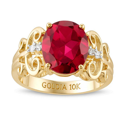 Ovaler im Labor gezüchteter Rubin und 0,05 ct. Gesamtgewicht Diamant Ring im Vintage-Stil mit Schnörkeldesign in 10K Gold