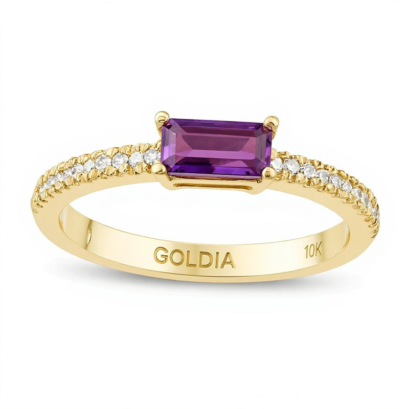 Fashion-Ring mit Amethyst im Baguette-Schliff und 0,1 ct. Gesamtgewicht Diamanten in 10K Gelbgold