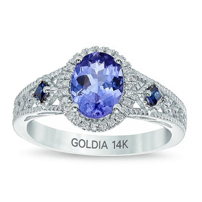 Ring mit ovalem Tansanit, blauem Saphir und Diamantbesatz im Vintage-Stil in 14K Weißgold