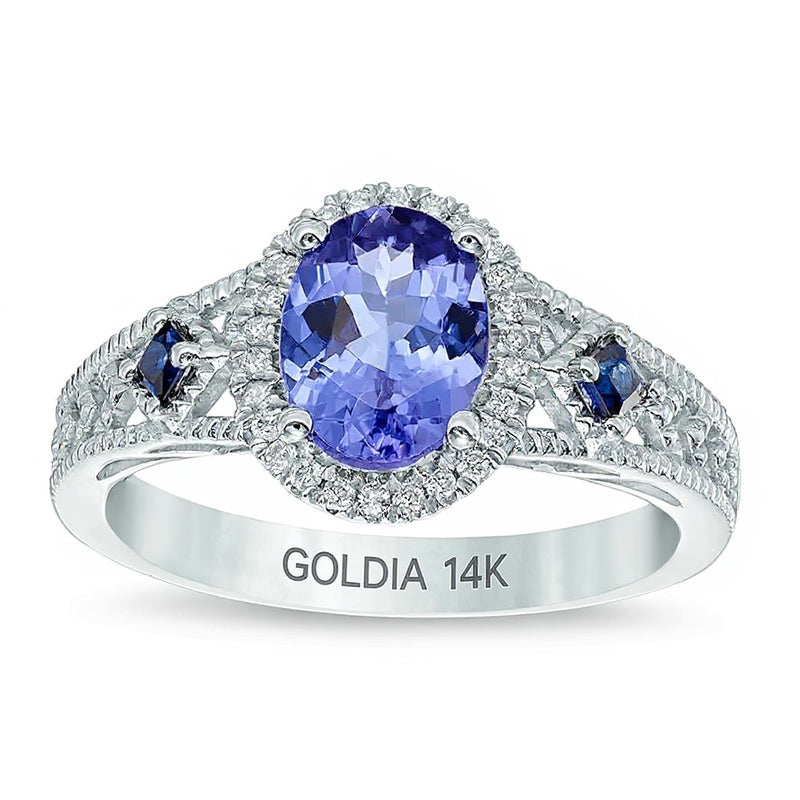 Ring mit ovalem Tansanit, blauem Saphir und Diamantbesatz im Vintage-Stil in 14K Weißgold