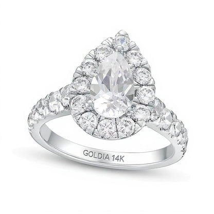 2.5 ct. Gesamtgewicht Verlobungsring mit Labordiamanten im Tropfen- und Rundschliff, Halo, in 14K Weißgold (F/VS2)