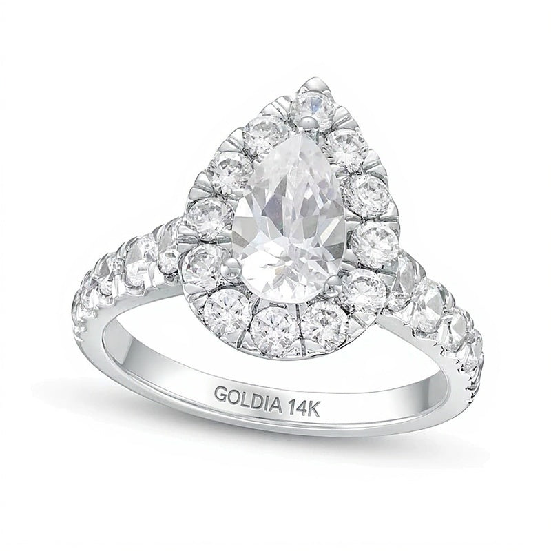2.5 ct. Gesamtgewicht Verlobungsring mit Labordiamanten im Tropfen- und Rundschliff, Halo, in 14K Weißgold (F/VS2)