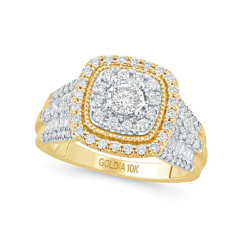 1.0 CT. TW Diamant-Verlobungsring im Vintage-Stil mit Halo in Kissenschliff aus 10K Gelbgold