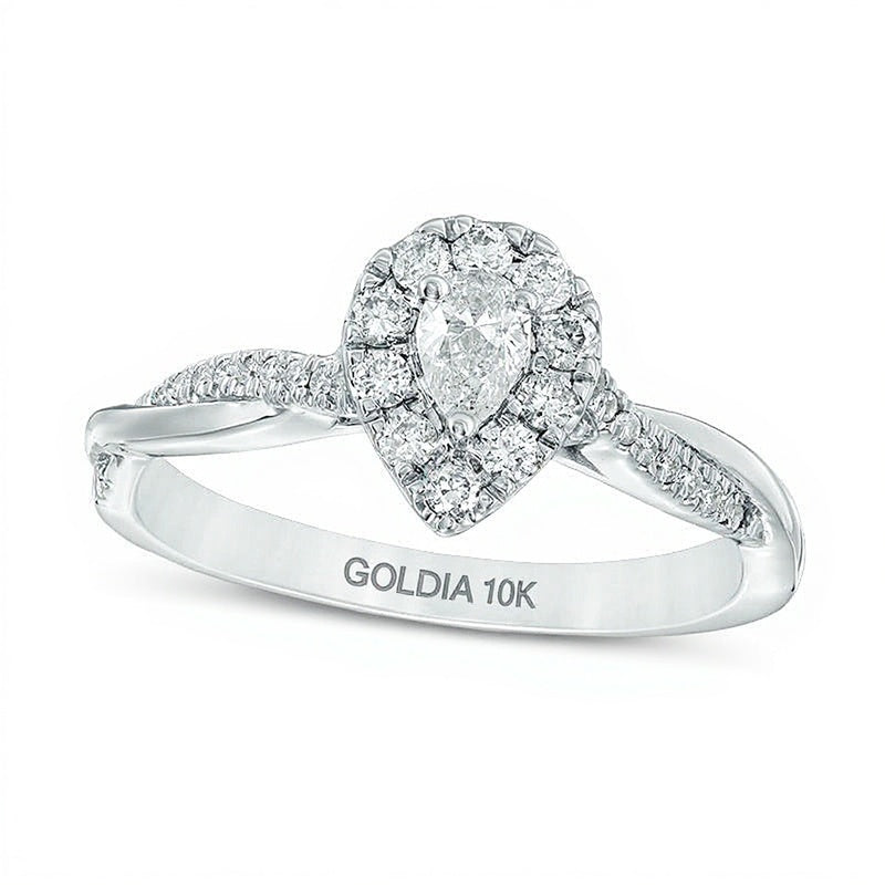0.38 ct. Gesamtgewicht Verlobungsring mit Diamanten im Tropfen- und Rundschliff, Halo, in 10K Weißgold