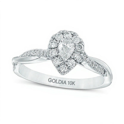 0.38 ct. Gesamtgewicht Verlobungsring mit Diamanten im Tropfen- und Rundschliff, Halo, in 10K Weißgold