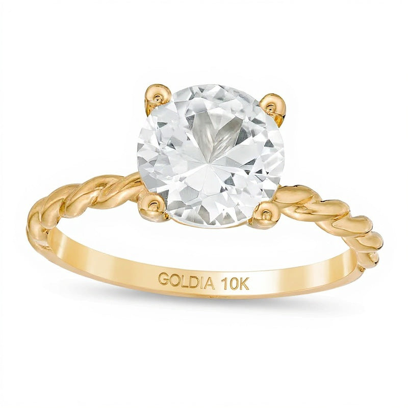8,0 mm Solitär-Ring mit im Labor gezüchtetem weißem Saphir und Kordelschiene in 10K Gelbgold