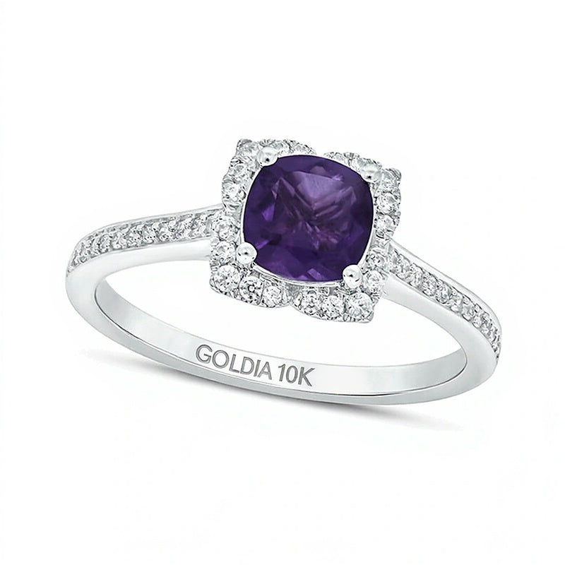 Ring mit Amethyst im Kissenschliff 6,0 mm und Diamanten 0,2 ct. Gesamtgewicht Halo in 10K Weißgold