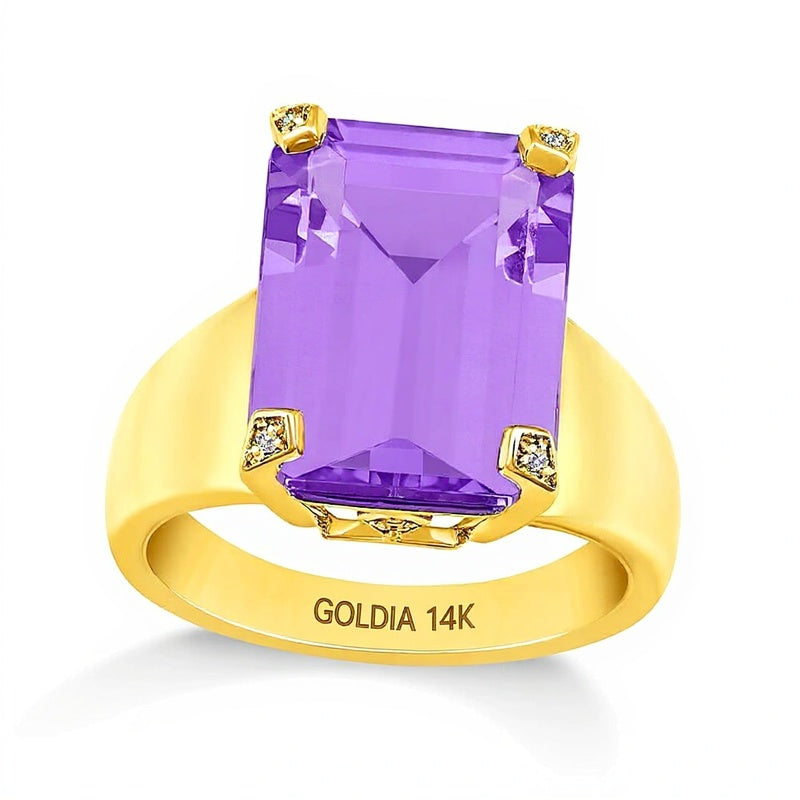 Fashion-Ring mit Amethyst im Smaragdschliff und Diamant 0,05 ct. Gesamtgewicht in 14K Weißgold
