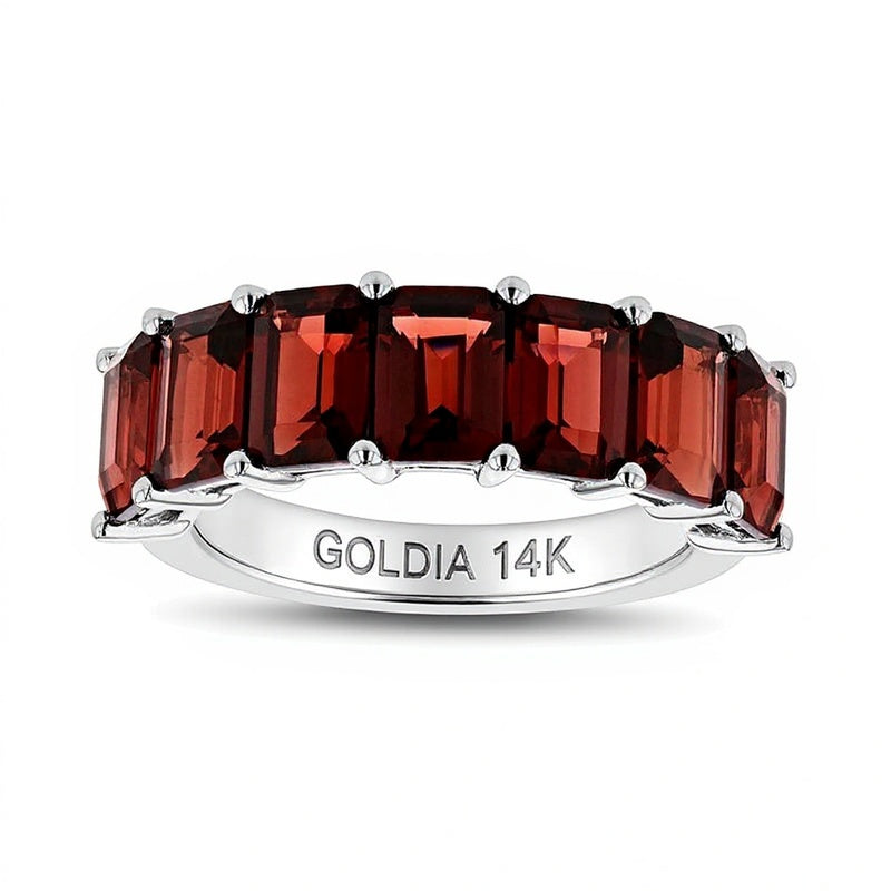 Memoire-Ring mit Granat im Smaragdschliff, sieben Steine, in 14K Weißgold