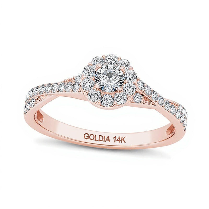 0.5 ct. Gesamtgewicht Diamant Halo Verlobungsring mit gedrehter Schiene in 14K Roségold