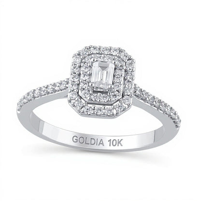 Verlobungsring mit Diamant im Smaragdschliff 0,5 ct. Gesamtgewicht und doppeltem oktogonalem Halo in 10K Weißgold