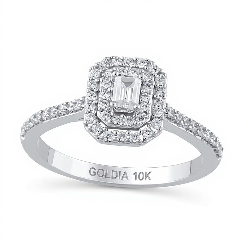 Verlobungsring mit Diamant im Smaragdschliff 0,5 ct. Gesamtgewicht und doppeltem oktogonalem Halo in 10K Weißgold