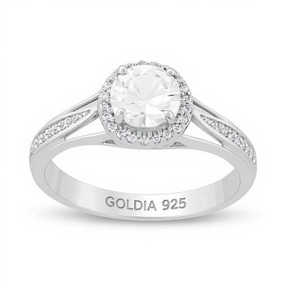 6,0 mm im Labor gezüchteter weißer Saphir und 0,13 ct. Gesamtgewicht Diamant Fashion-Ring mit Split-Shank und Halo in rhodiniertem Sterlingsilber
