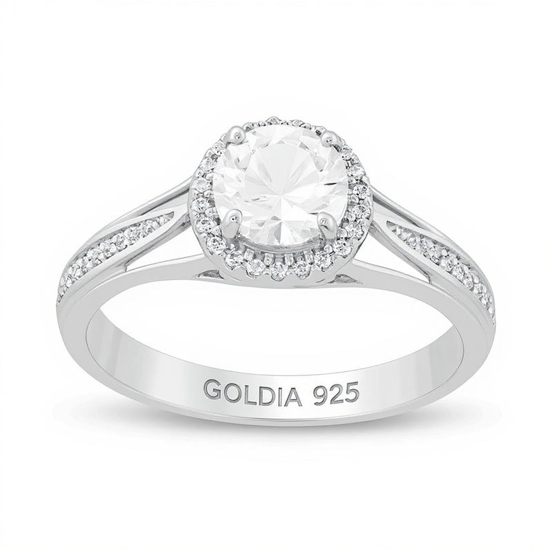 6,0 mm im Labor gezüchteter weißer Saphir und 0,13 ct. Gesamtgewicht Diamant Fashion-Ring mit Split-Shank und Halo in rhodiniertem Sterlingsilber