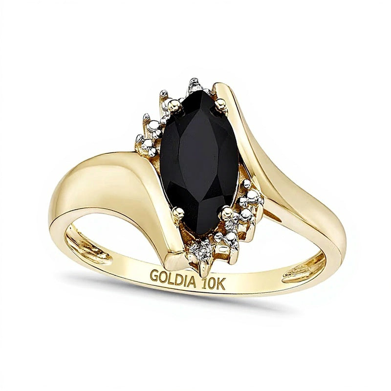 Fashion-Ring mit Marquise schwarzem Onyx und Diamant-Besatz in 10K Gelbgold