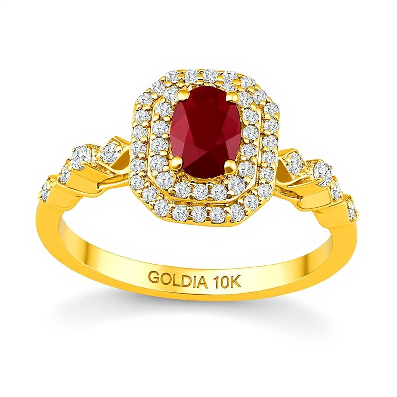 Ring mit ovalem Rubin und 0,33 ct. Gesamtgewicht Diamanten im Art-déco-Stil mit achteckigem Rahmen in 10K Gelbgold für Damen