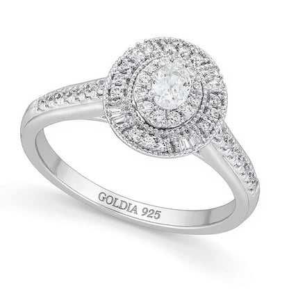 0,38 ct. Gesamtgewicht Verlobungsring mit ovalem Diamanten im Vintage-Stil mit doppeltem Halo aus Sterlingsilber
