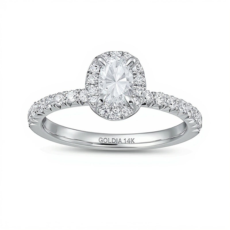 1.0 CT. Gesamtgewicht Verlobungsring mit Halo und ovalem Diamanten in 14K Weißgold (I/I2)