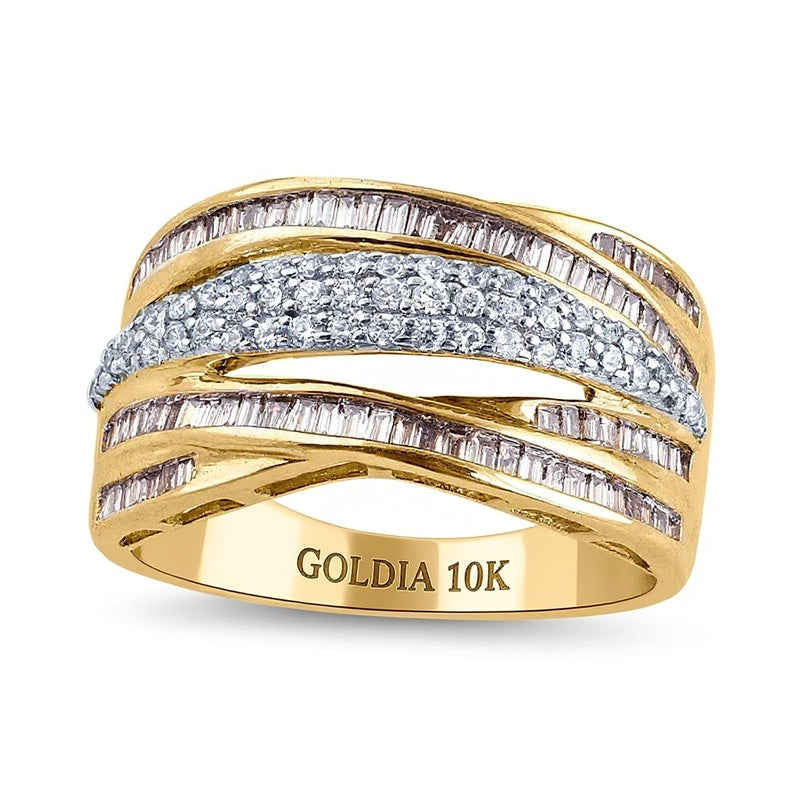 0.63 ct. Gesamtgewicht Champagner- und weißer Diamant mehrreihiger Criss-Cross Ring in 10K Gelbgold