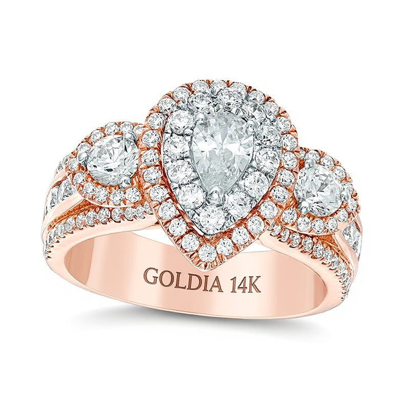 2.0 ct. Gesamtgewicht Dreistein-Verlobungsring mit weißen Diamanten im Tropfen- und Rundschliff in 14K Roségold