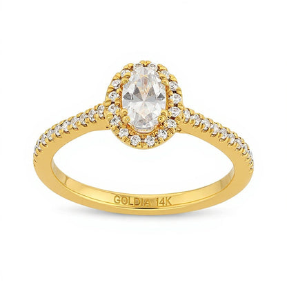 0,75 ct. Gesamtgewicht Halo-Verlobungsring mit ovalem Diamant in 14K Gelbgold