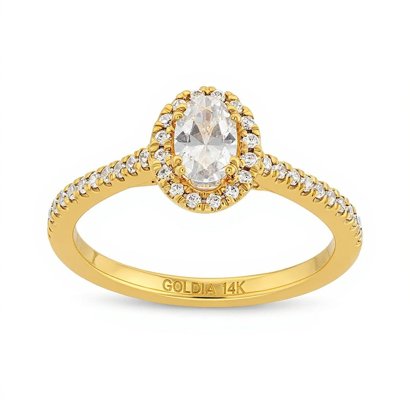 0,75 ct. Gesamtgewicht Halo-Verlobungsring mit ovalem Diamant in 14K Gelbgold
