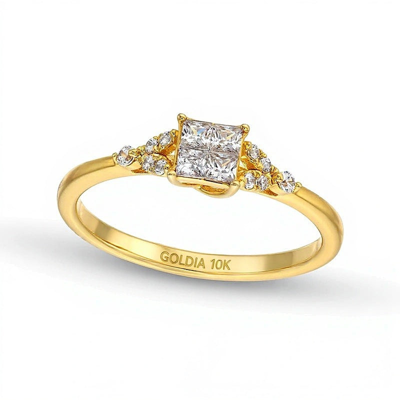 0.33 ct. Gesamtgewicht Verlobungsring mit vier weißen Diamanten im Princess-Schliff und Blatt-Seiten in 10K Gelbgold