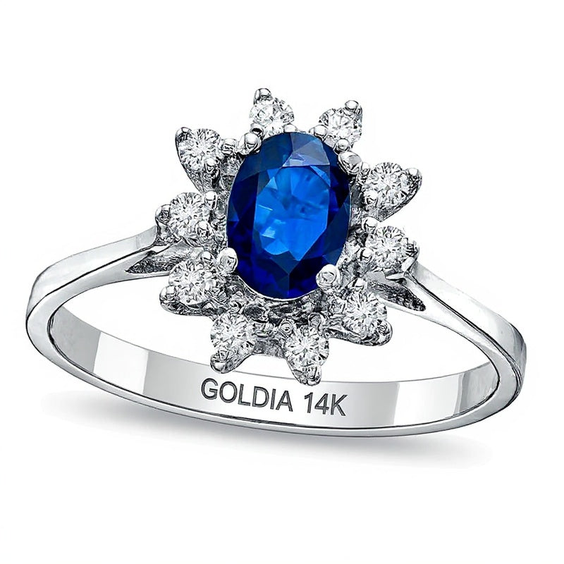 Verlobungsring mit ovalem blauem Saphir und Diamanten 0,14 ct. Gesamtgewicht im Halo in 14K Weißgold