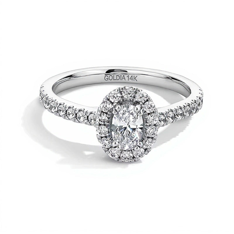 1.0 CT. Gesamtgewicht Verlobungsring mit Halo und ovalem Labordiamant in 14K Weißgold (F/SI2)