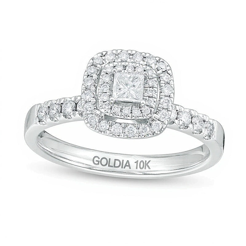 0,5 ct. Gesamtgewicht Verlobungsring mit Diamanten im Princess- und Rundschliff, Halo, in 10K Weißgold
